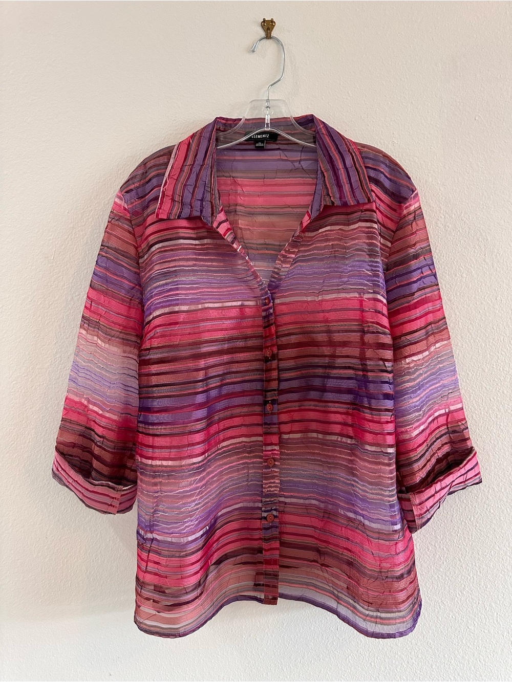 Elementz Semi-Sheer Multicolor Striped Button-Down Blouse - Pink & Purple - XL